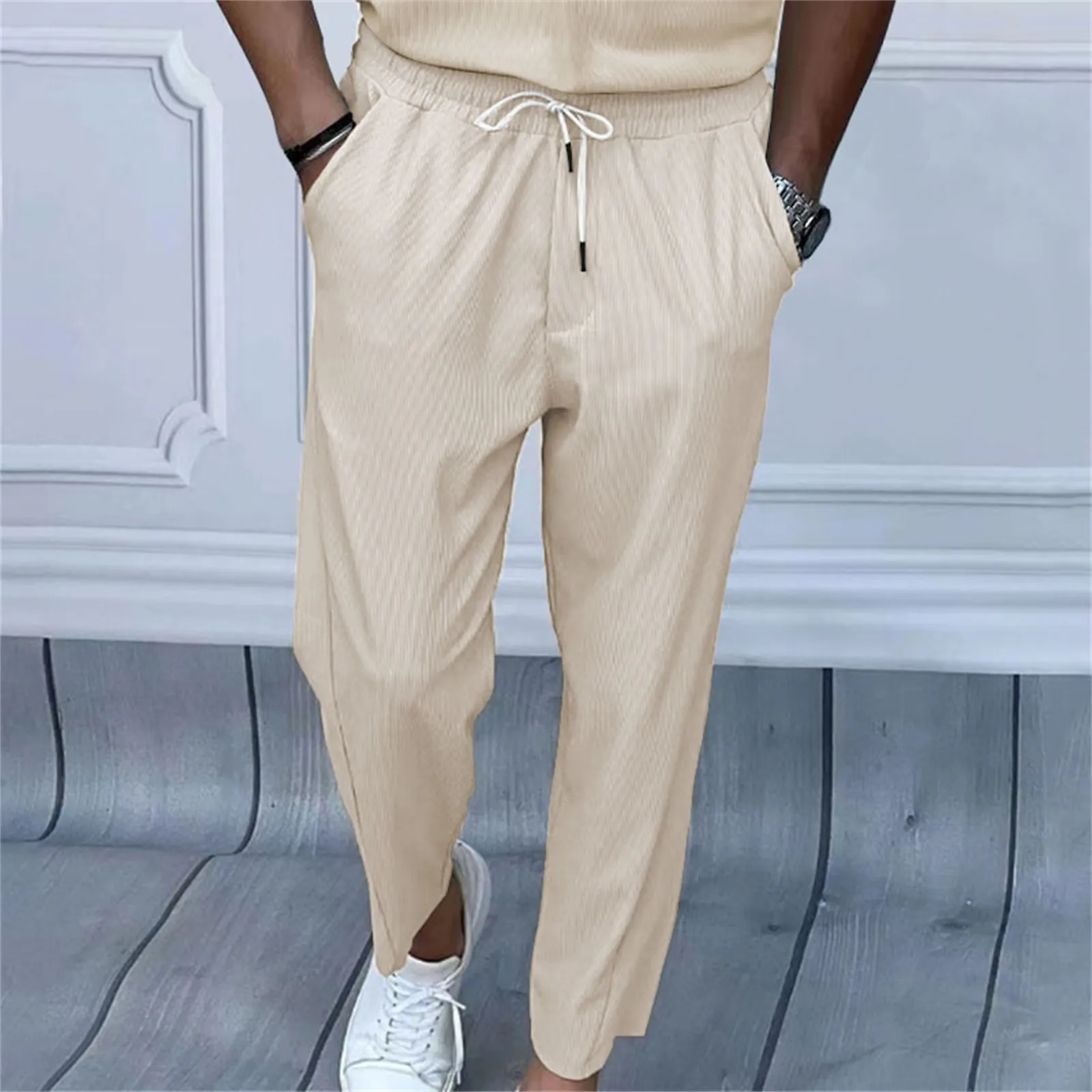 

Fashion Men's Pants Waist Drawstring Elastic Waist Wide Leg Striped Pocket Loose Casual Breathable Baggy Sweatpants Trousers