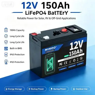 12V 150Ah LiFePO4 Solar Battery Deep Cycle Rechargeable Built-in BMS Lithium 150000mAh for Power Wheels Scooters Fish Finder