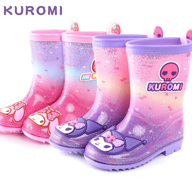 Kuromi Kid's Rain Boots Kawaii Anime Sanrio Waterproof Mid-Calf Boots Cartoon My Melody Print Cute Children Non-Slip Shoes