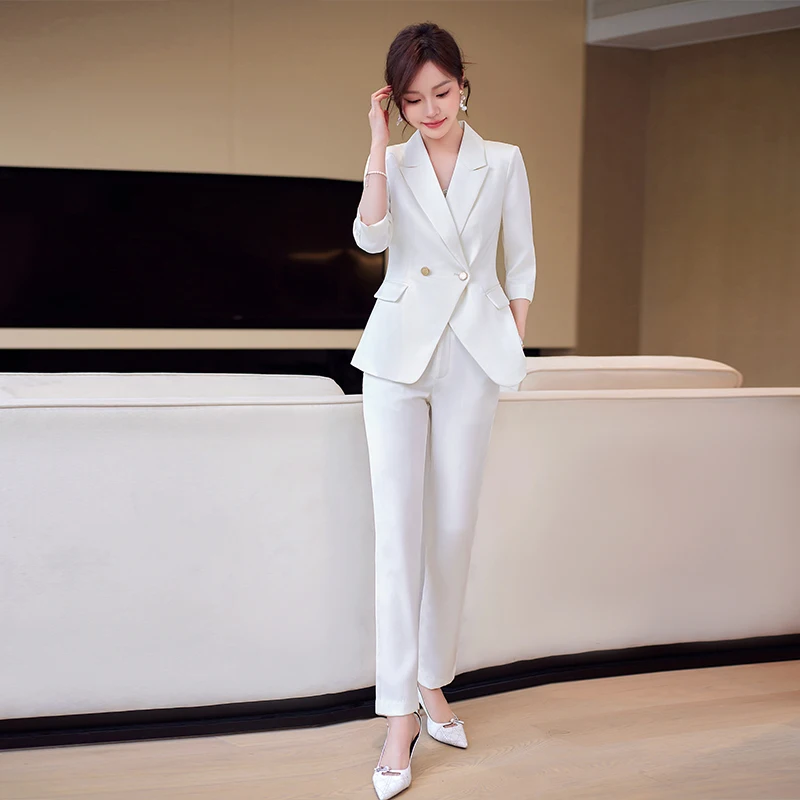 NAVIU Navy Blue Pink White Ladies Formal Pants Suit Women Jacket and Trouser Female Business Work Wear 2 Picec Blazer Set New