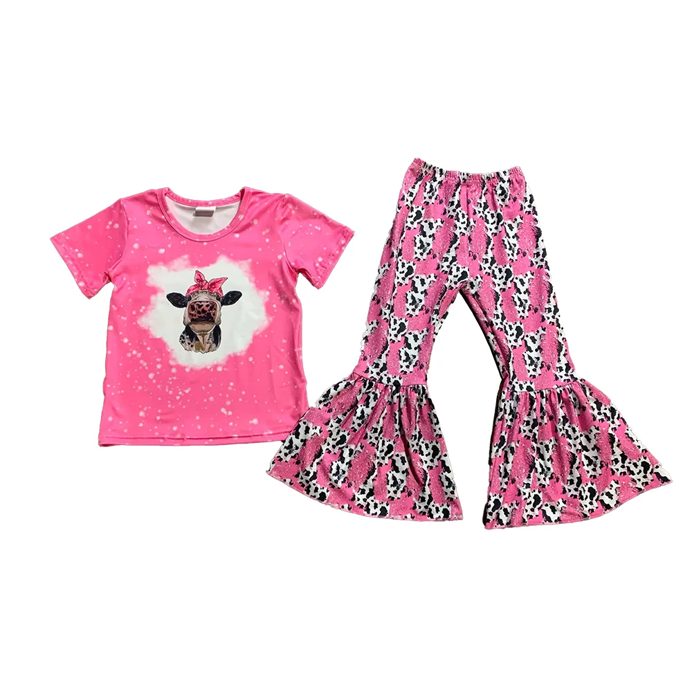 Western Cow Print Mama Tried Letters Short Sleeve Shirt Bell Bottoms Pants Sets Kids Clothes Baby Girls Boutique Spring Outfits