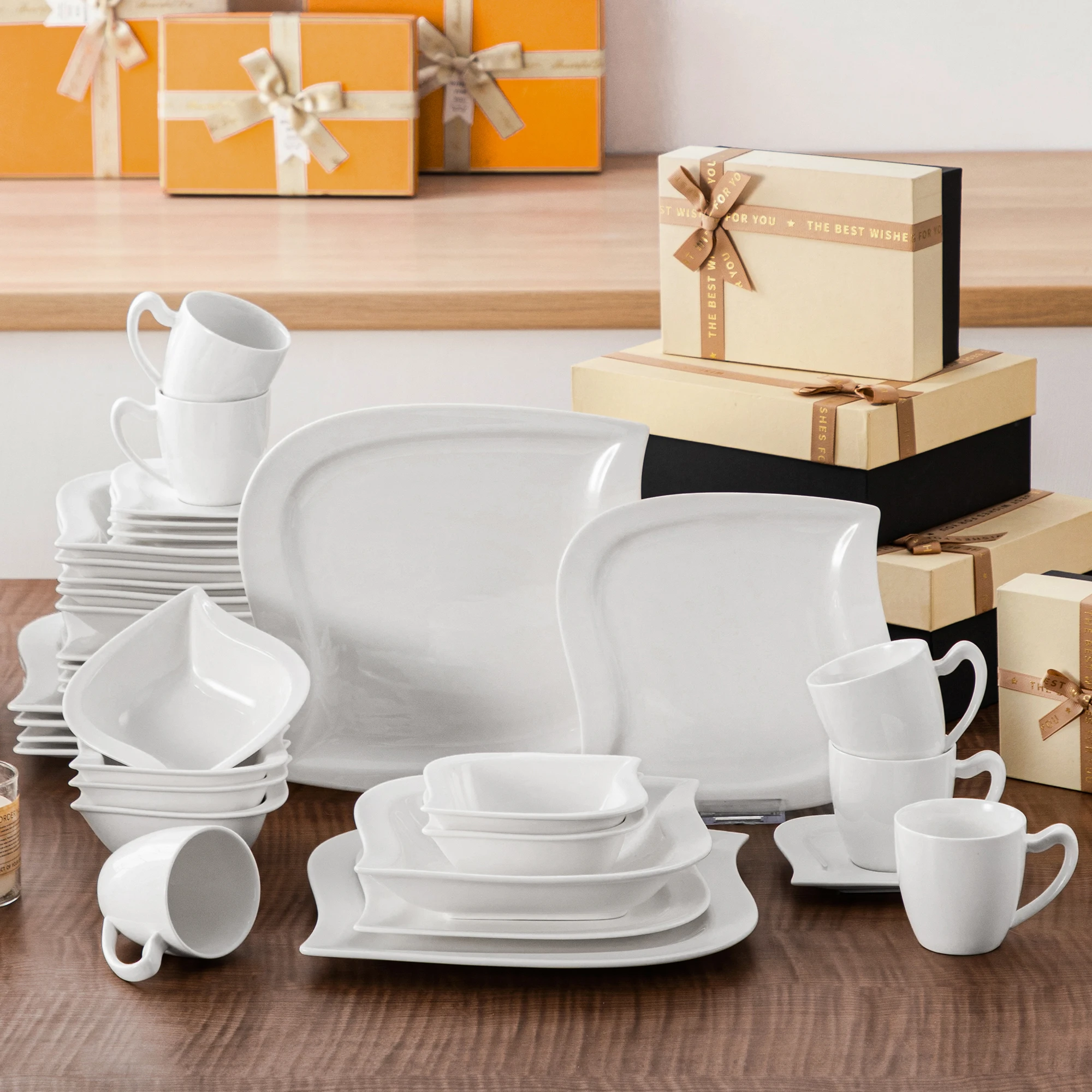 MALACASA 36 Piece Ivory White Marble Grey Dinnerware Set Ceramic Plates Set with 6pcs Dinner Plate/Dessert/Soup/Cup/Saucer/Bowl