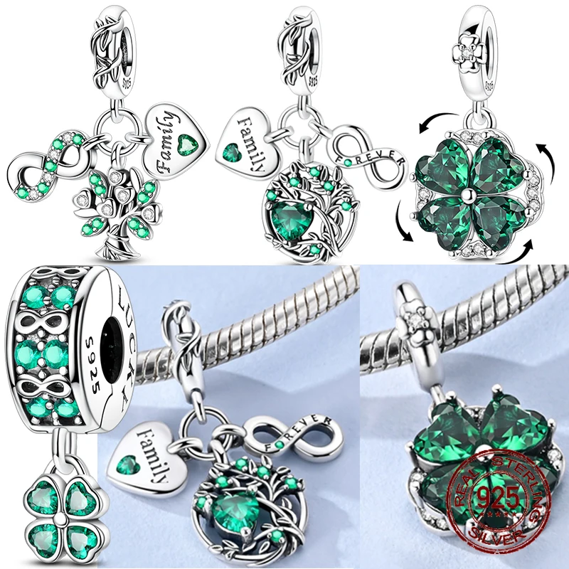 Family Tree of Life Charm 925 Sterling Silver Rotatable Four-Leaf Clover Pendants Zircon Inlaid Fit Original Bracelet DIY Jewelr