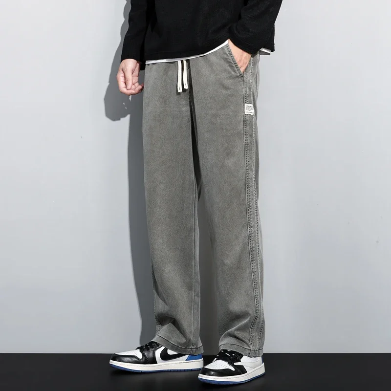 

Мужские джинсы Sulee из мягкой ткани лиоцелл, осенне-зимние, свободные прямые брюки с эластичным поясом на шнурке, повседневные брюки в корейском стиле, размер 5XL