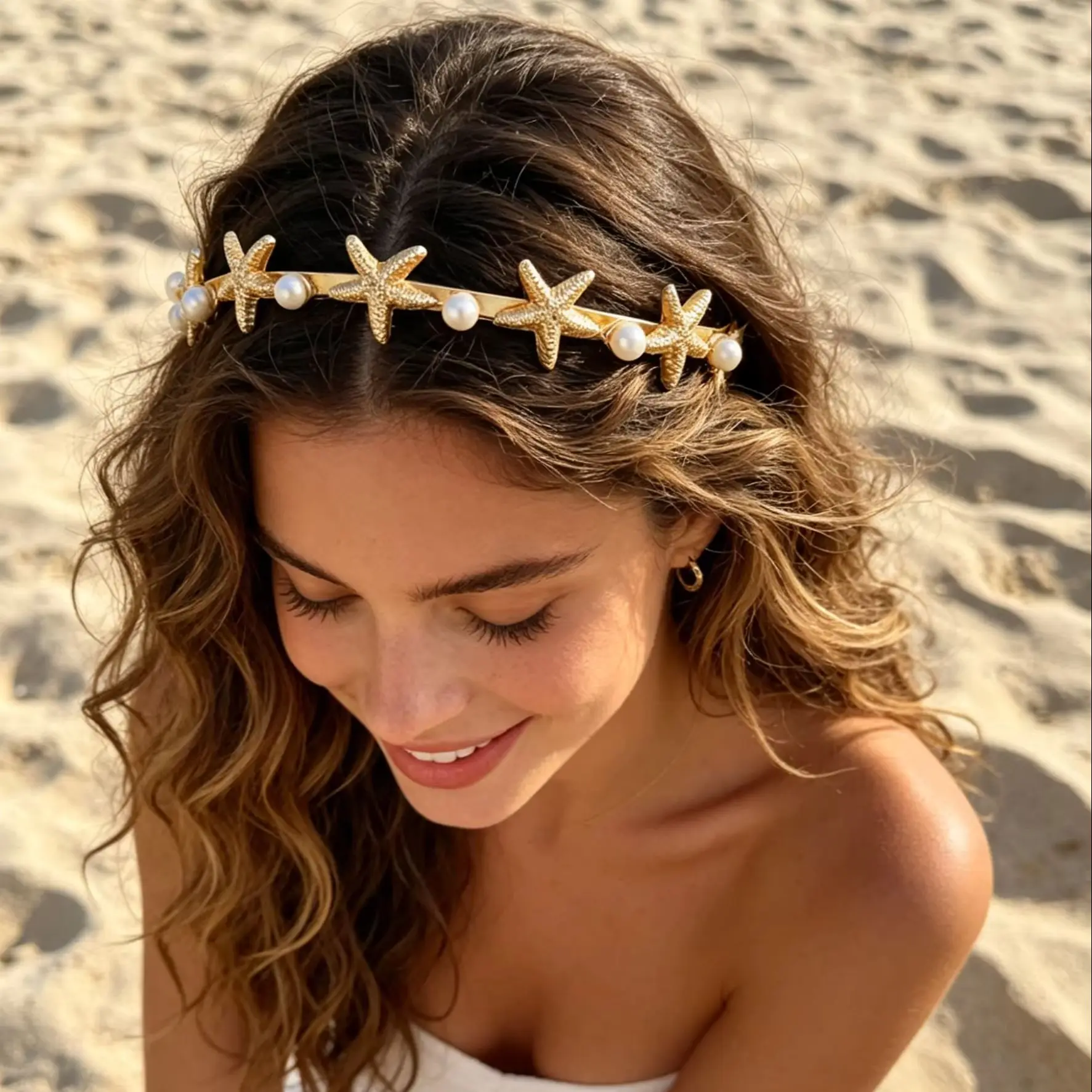 AWAYTR Gold Color Starfish Headbands Bride Wedding Hair Accessories For Women Diadem Crown Tiaras Hairband Headdress Jewelry