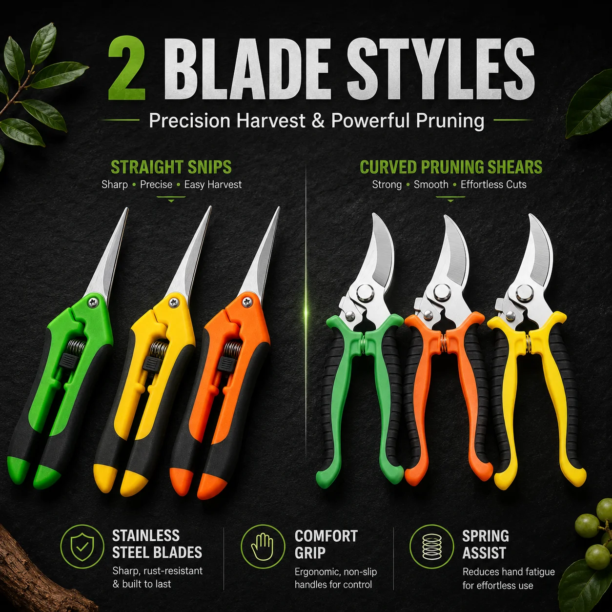 2Pcs Garden Pruning Shears Set, Straight Snips + Curved Pruners, Stainless Steel Blades for Flowers Fruit Bonsai Branches