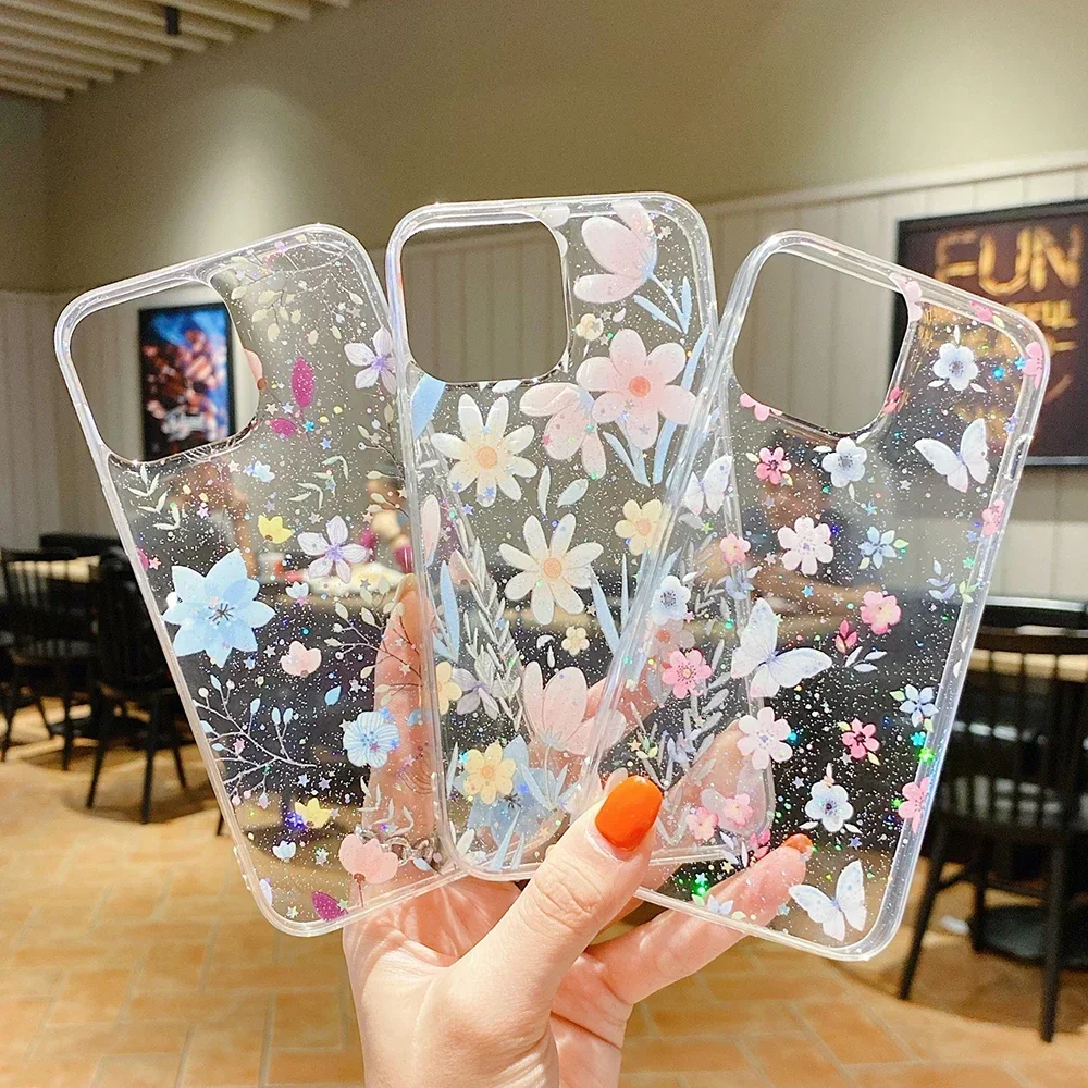 for iPhone 16 15 14 13 12 11 Pro Max Mini XS XR SE 8 Plus Case Cute Real Dry Flower Anti-scratch Glitter Clear Epoxy Cover Funda