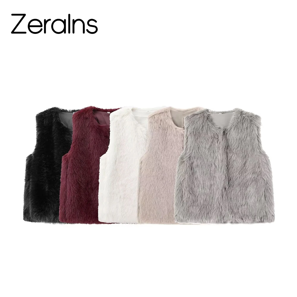 ZERAINS ملابس نسائية جديدة للخريف والشتاء بتأثير فرو صناعي فرنسي بدون أكمام ورقبة دائرية سترة قصيرة