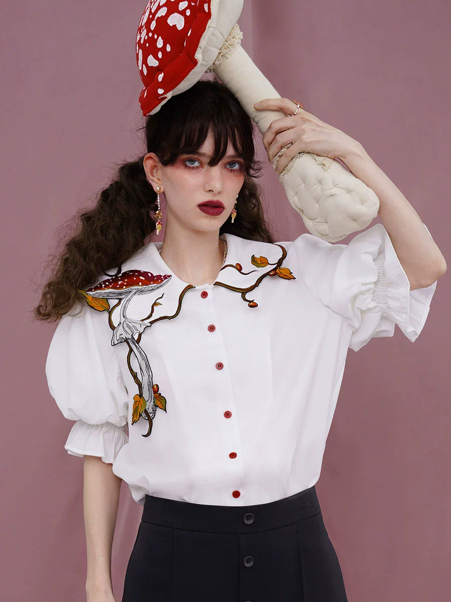 100-108cm Bust Spring Summer Original Design Women Vintage All-match Mushroom Embroidered Collar White Shirts/Blouses