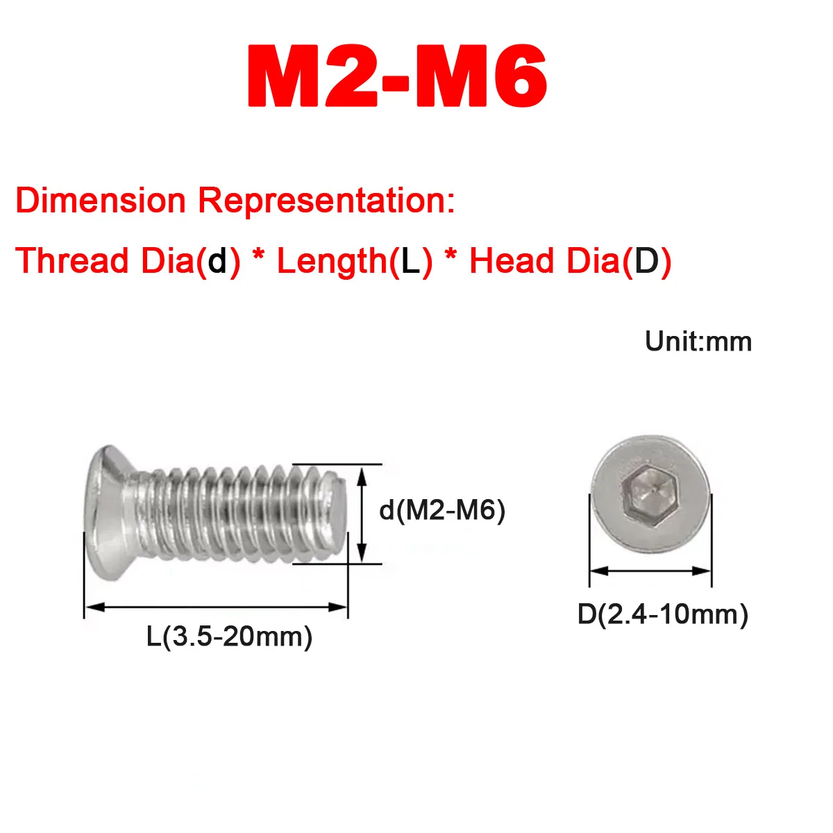 M2 M3 M4 M5 M6 304 Stainless Steel Non-Standard Small Head Diameter Thin Countersunk Head Socket Head Cap Screw
