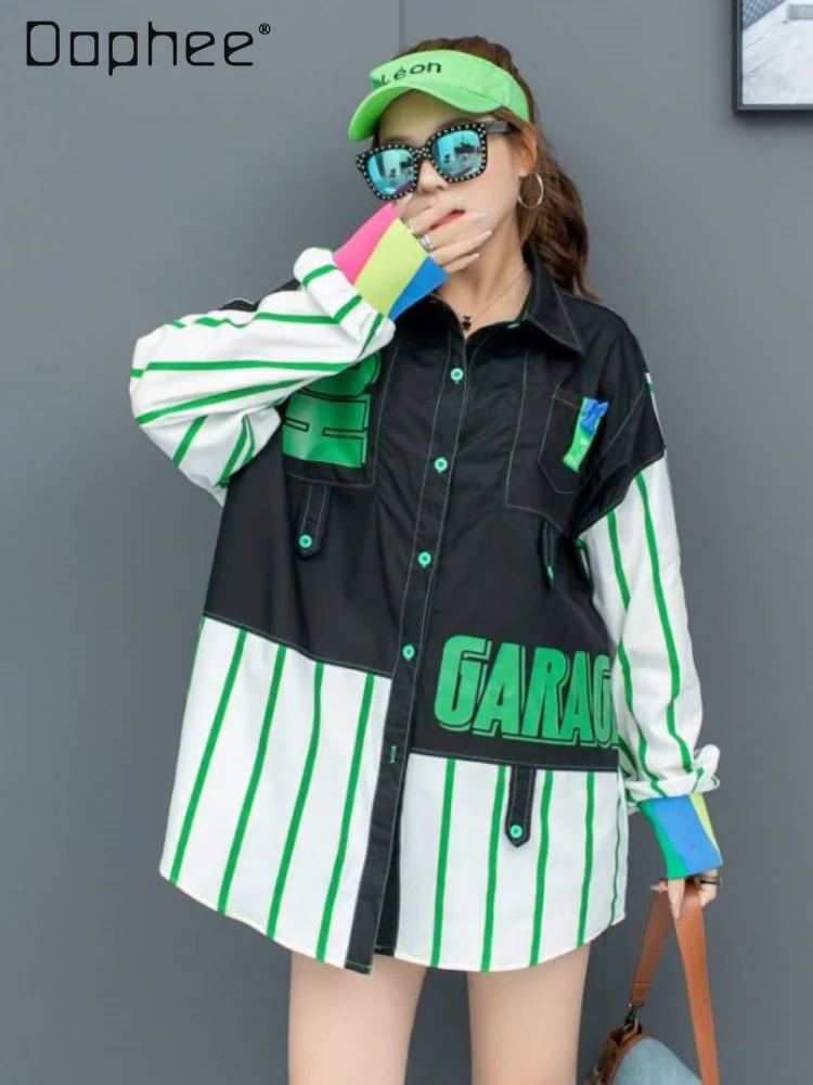 2024 Spring and Summer New Fashion Stiching Vertical Stripe Shirt Women Street Style Loose Mid-Length Letter Print Top Female