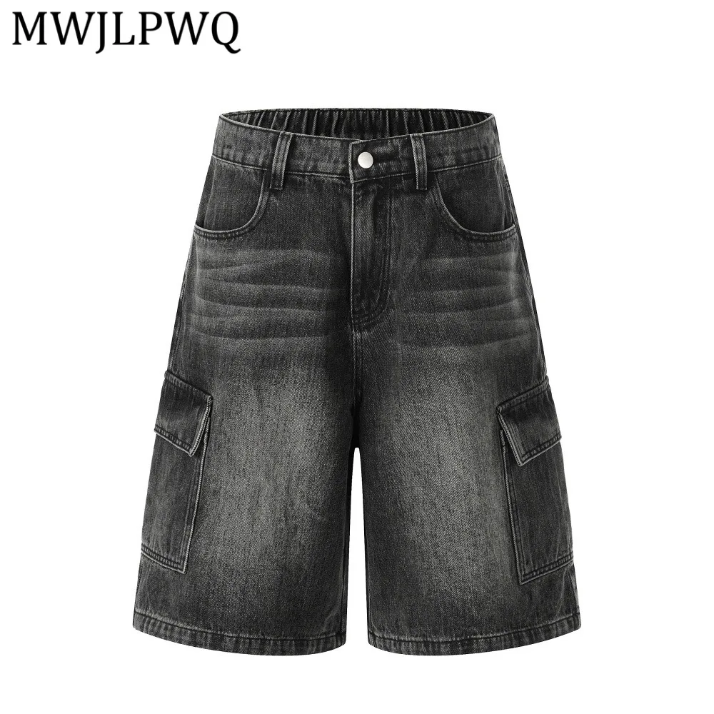 

MWJLPWQ Punk-Style Distressed Washed Denim Work Shorts For Men Vibe Street Casual Straight Wide-Leg Knee-Length Shorts 14430