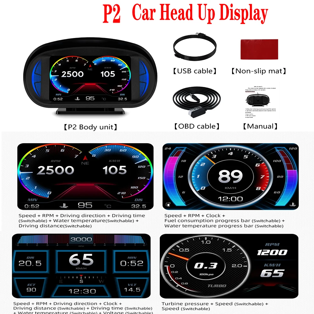 

P2 OBD2 Car Head Up Display On-board Computer GPS Speedometer Tachometer Gauge Oil Temperature MetersAutomotive Head Up Display