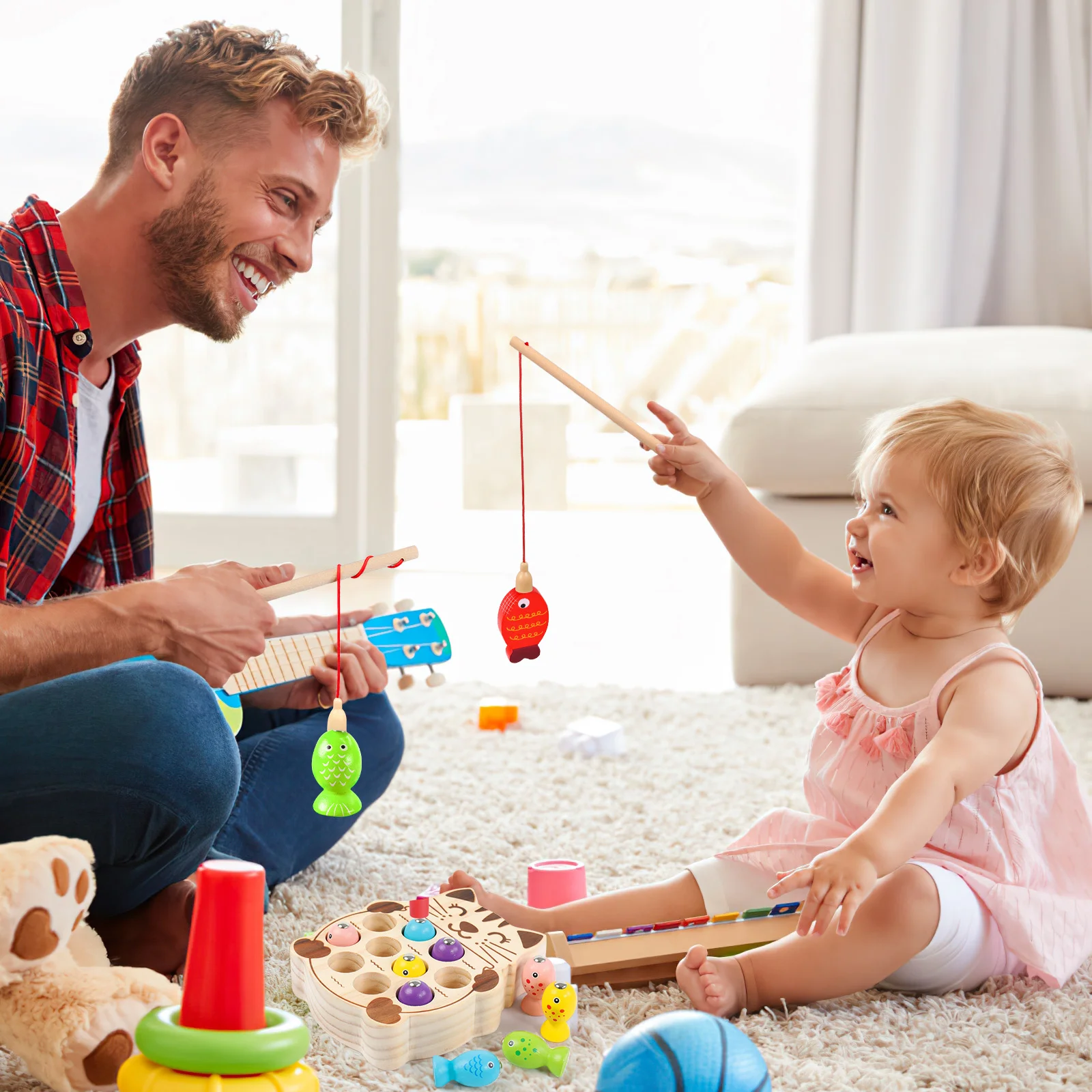 Caña de pescar de madera con imán para niños, juguete educativo para edades tempranas, juego interesante, postes magnéticos, 8 Uds.