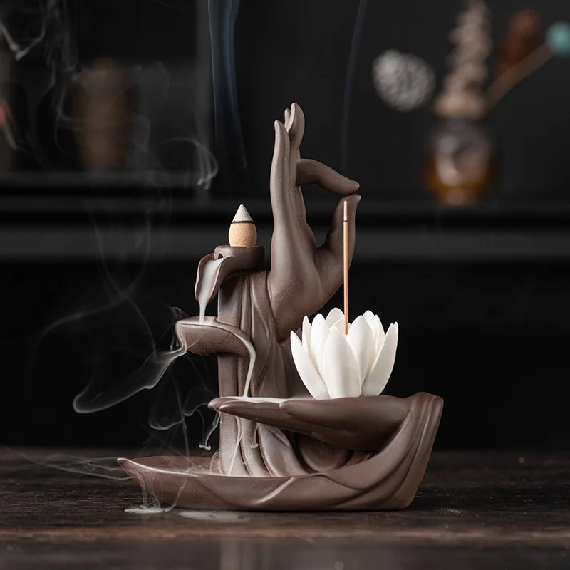 1pcs Lotus Incense Burner Handmade Sandalwood Ceramic Backflow Aroma Diffuser Home Decor Safe Material Atmosphere