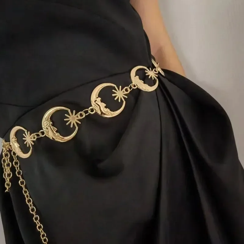 Gold Tassel Waist Chain Belt for Women Bohemian Gothic Punk Metal Moon Designer High Quality Chain for Dress Decoration