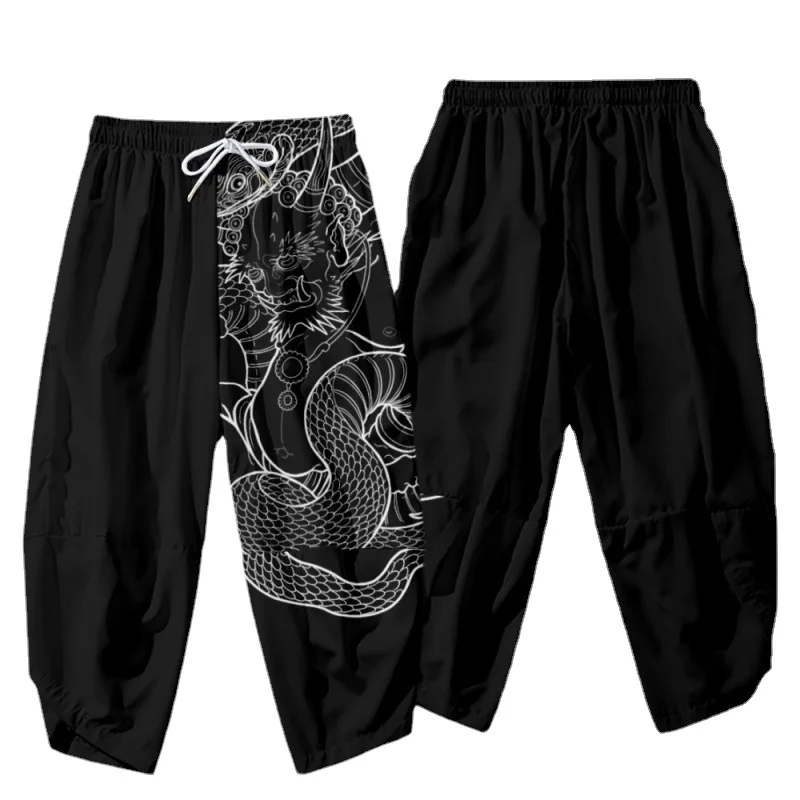 Japanese Demon Snake Black Print Kimono Pants Men Traditional Samurai Harem Pants Harajuku Streetwear Vintage Casual Trousers