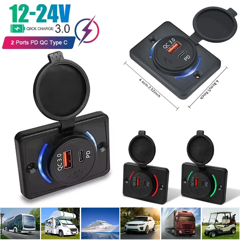 12-24V Dual Ports Car Charger Socket USB QC PD Charger Outlet Power Adapter with Sliding Cap for Car Motorcycle Truck ATV RVBoat
