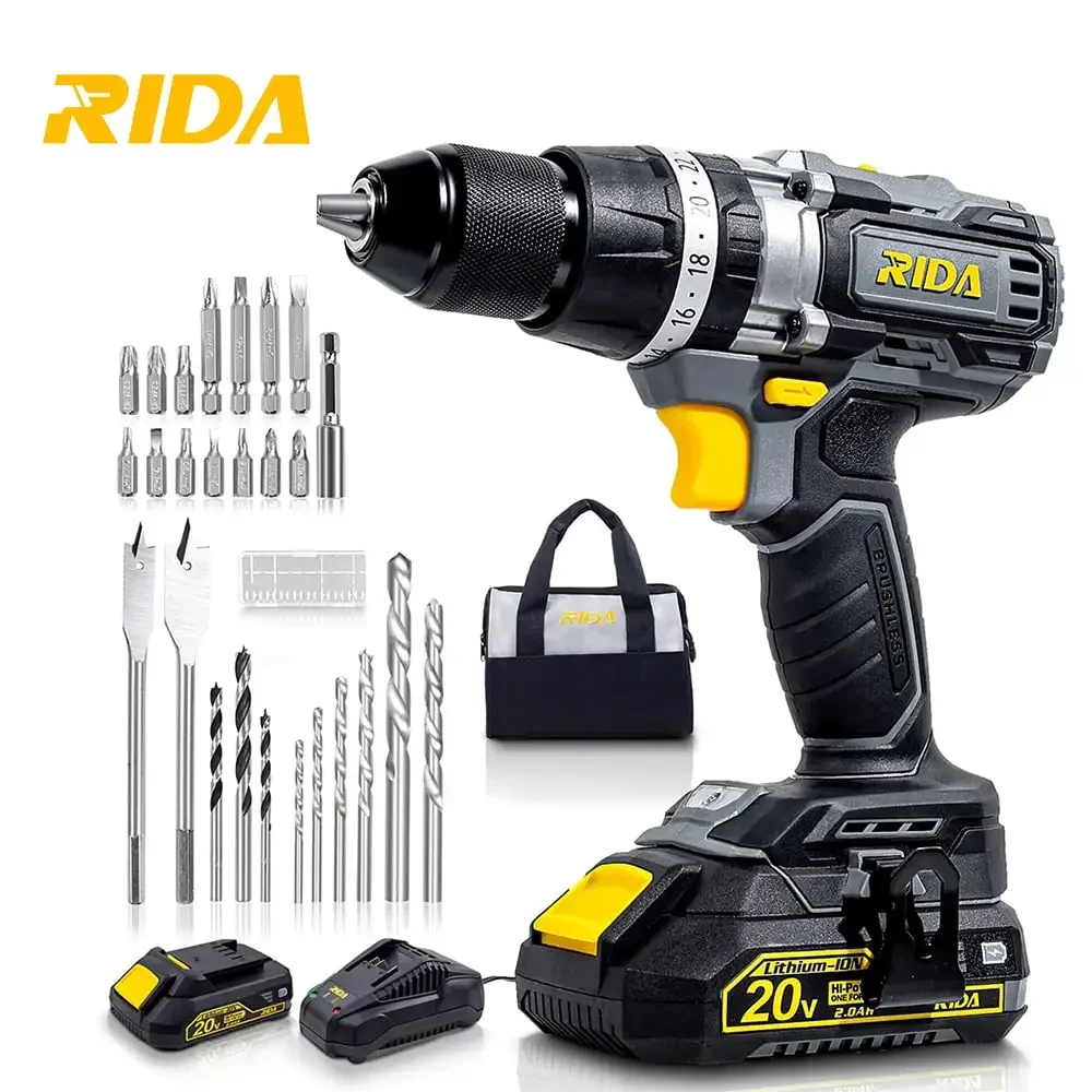 20V Brushless Motor Cordless Drill Kit Battery Drilling Machine With Case Cordless Drill Power Screwdriver Multi Function