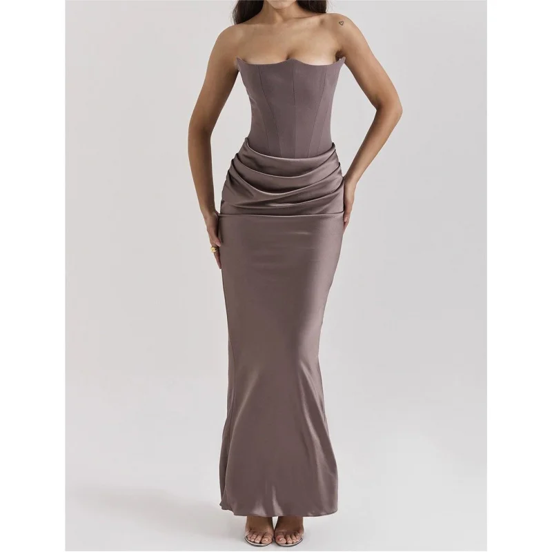 2025 estilo outono inverno nova moda feminina sem alças sem costas vestido de noite fino