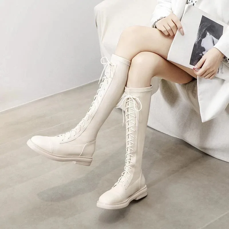 Women Knee High Boot Elegant Self Cultivation Knight Boot Fashion Cross Tied Platform Boots for Woman Designer Shoes Botas Mujer