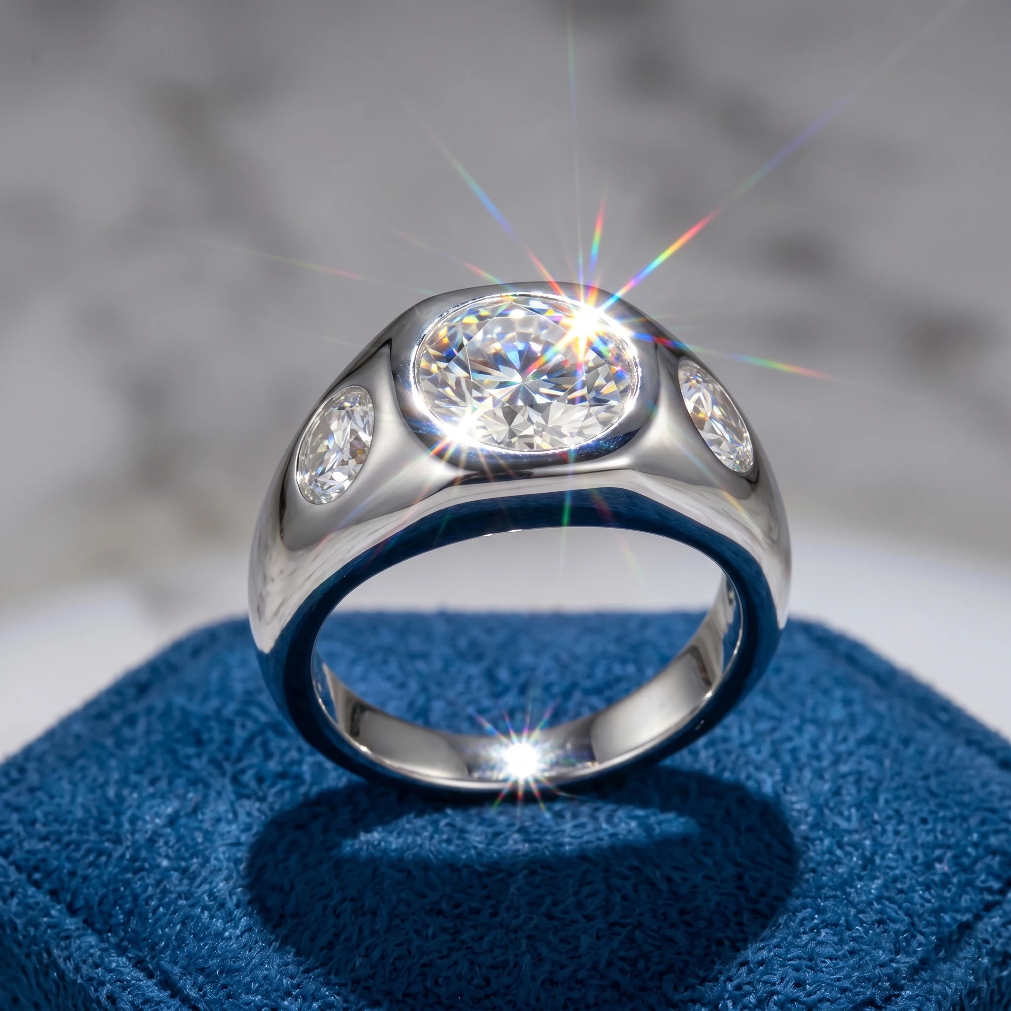 

Three Stone Bezel Moissanite Ring, 925 Sterling Silver, D Color VVS1, Wide Minimalist Band, Unisex, With Certificate