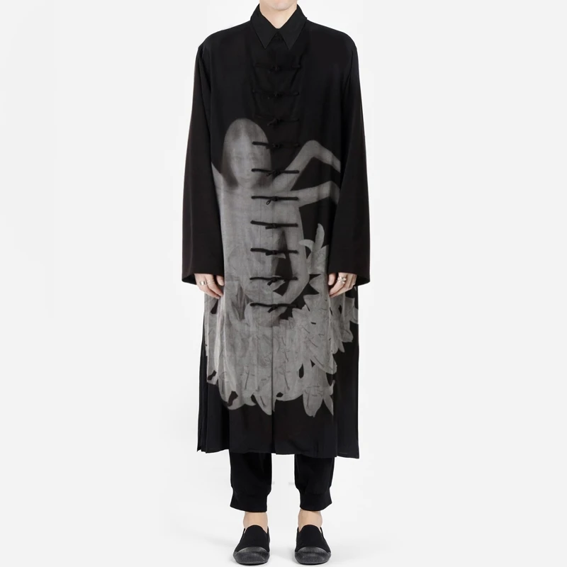 YAMAMOTO-Style Long Shirt 2024 Lily Asura Disc Button Printed Shirt Black Shirts Blouses For Women And Men Oversize Shirt