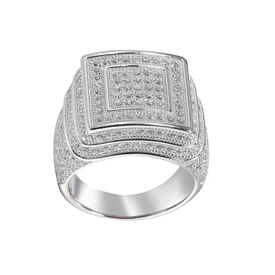 

VANAXIN 925 Sterling Silver Luxury Square Big Ring for Men Cubic Zirconia Pave setting Party Rock Hiphop Jewelry