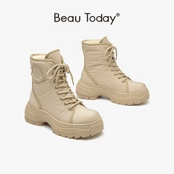 Beautoday Women Ankle Boots Platform Round Toe Lace-up Warm Short Plush Ladies Shoes for Winter 04622