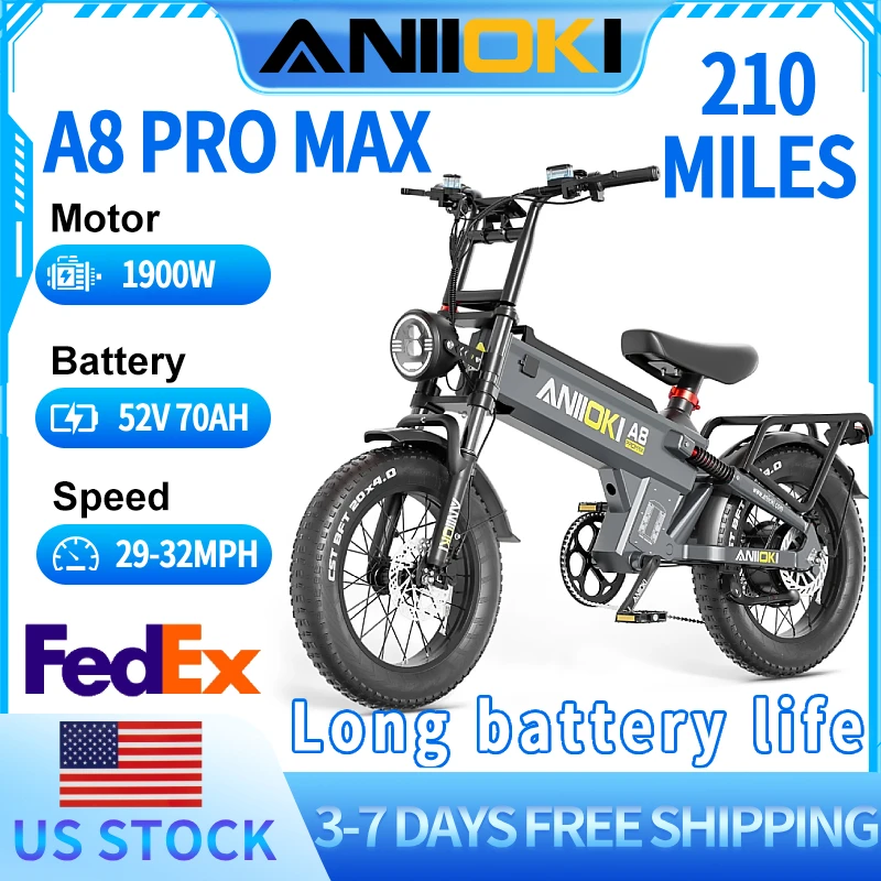 

Электровелосипед ANIIOKI с двигателем мощностью 1900 Вт, батареей 52V 70Ah, скоростью до 32 миль/ч, длительным сроком службы батареи, для взрослых, с широкими шинами 20"*4 ".