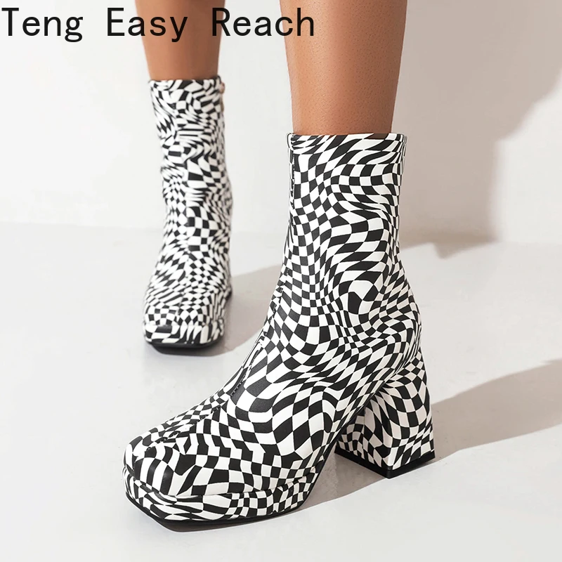 Checkerboard Pattern Square Toe Chunky Heel High-Top Women's Boots Plaid Pattern Catwalk Shoes Zip Plush Inner Winter Short Boot