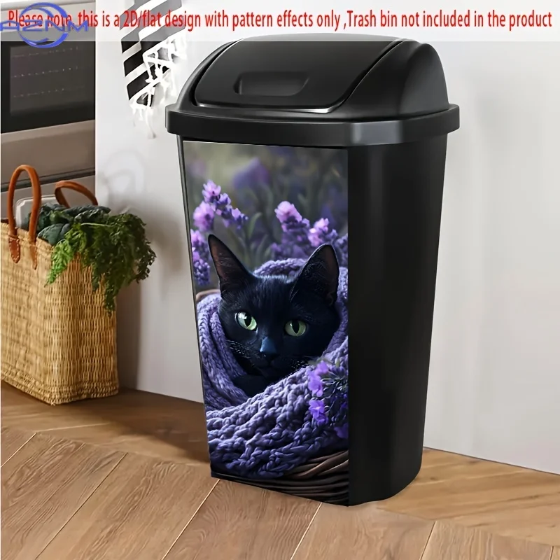 1pc, 2D/Flat Trash Can Sticker, 37.01 X 81.99cm, Black Cat in Purple Knit Blanket, Lavender Garden Aesthetic, Cozy Pet Theme,