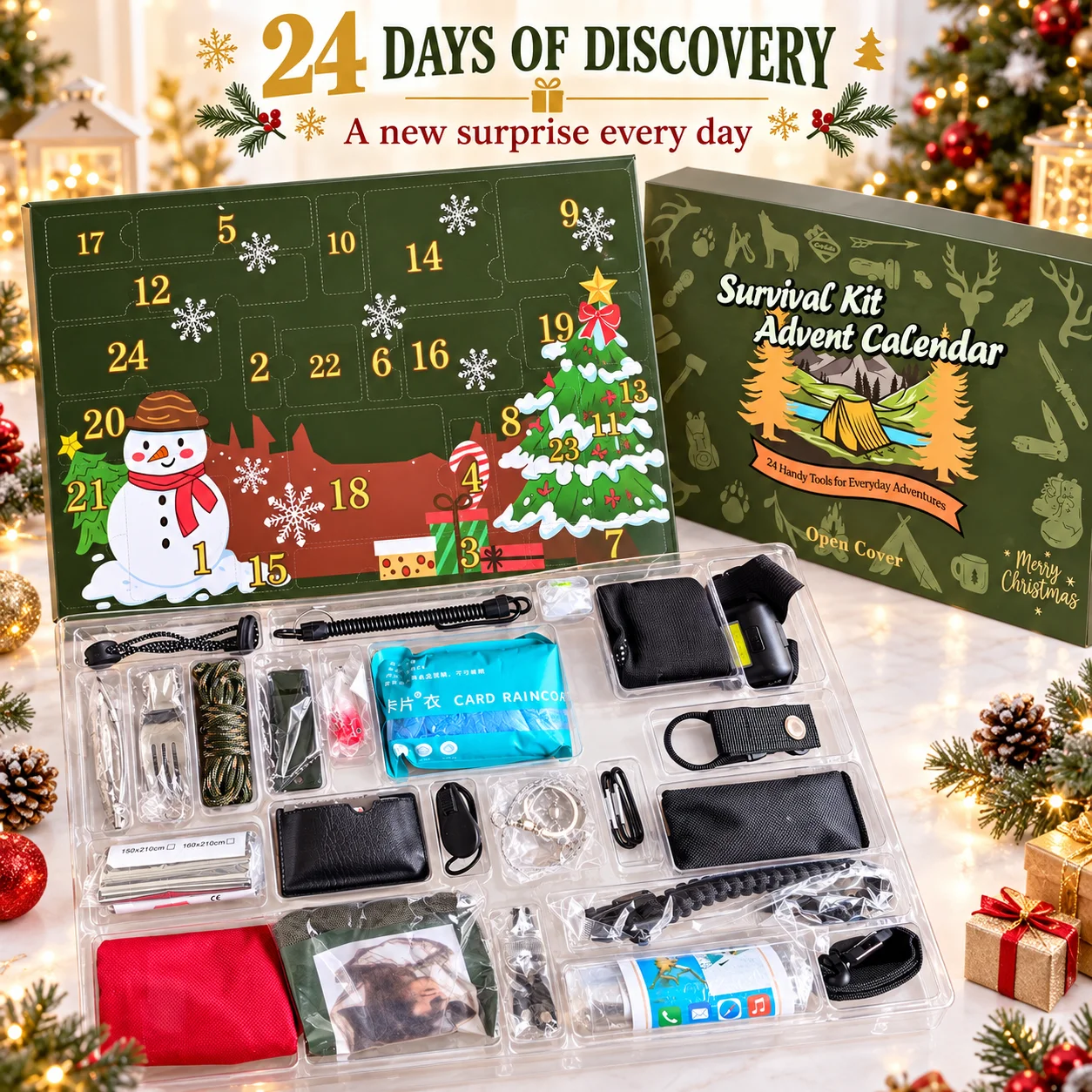 2026 Survival Kit Advent Calendar 24 Day Christmas Countdown Gift Box Outdoor Tools for Camping Hiking Fishing Adventure Lovers