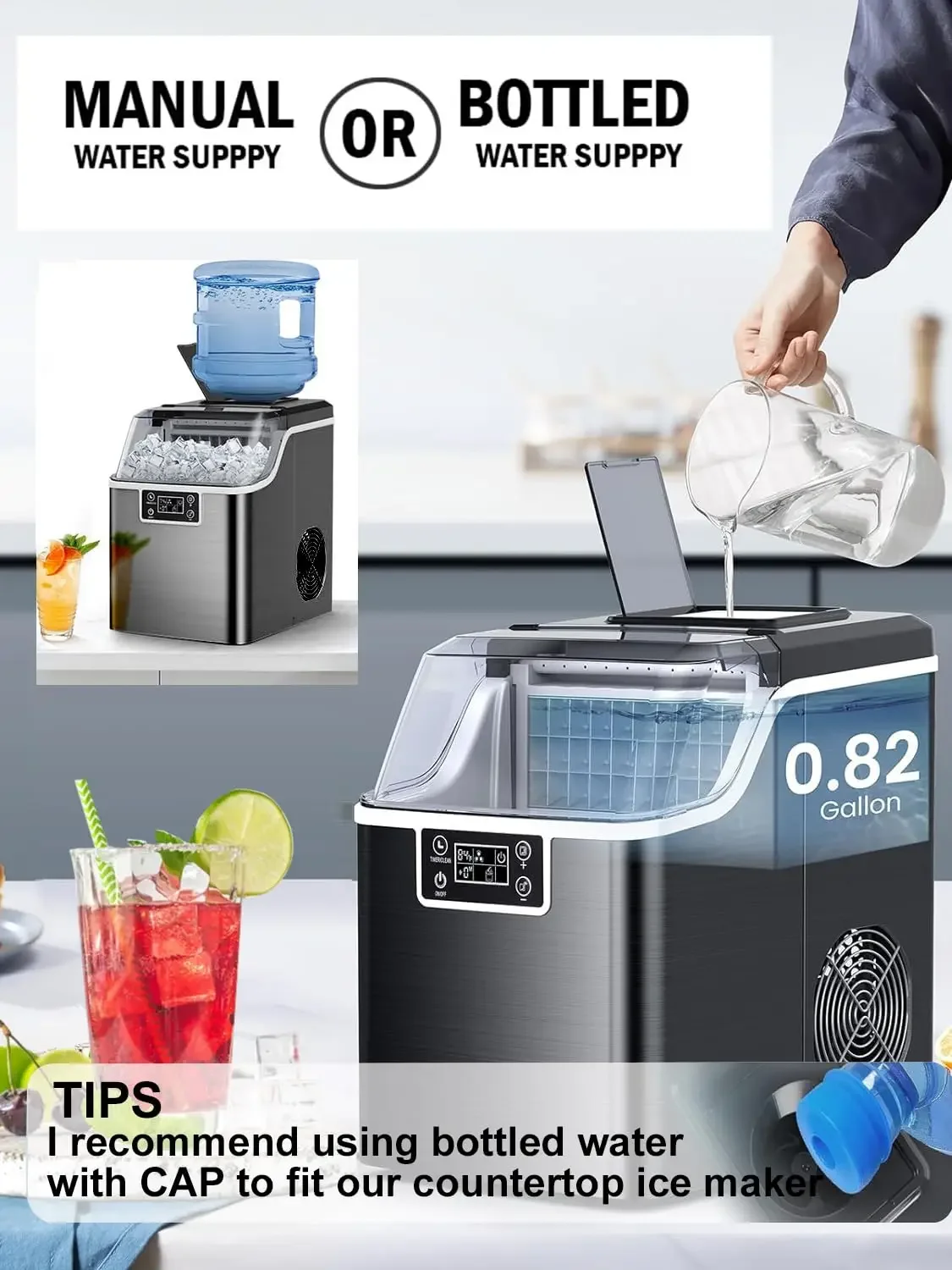 Self Cleaning Ice Maker for RV, Countertop 45lbs Ice Maker with 2-Ways Add, Ice Size Control and 24H Timer - Efficient Party Ice