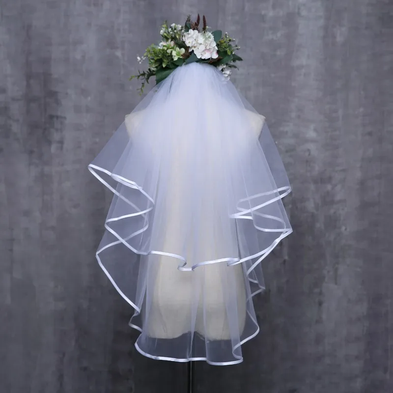 White Ivory Tulle Wedding Veils With Comb Two Layer Ribbon Edge Bridal Accesories In Stock