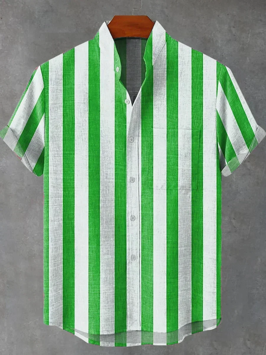 

Мужская полосатая льняная рубашка с короткими рукавами, хит 2025, удобная рубашка на пуговицах