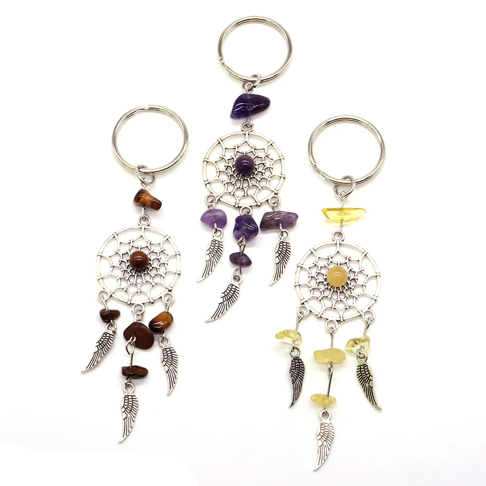 Natural Stone Beads Bohemian Indians Wing Dreamcatcher Alloy Keychain Healing Crystal Amethyst Quartz Agate Charms Key Chain