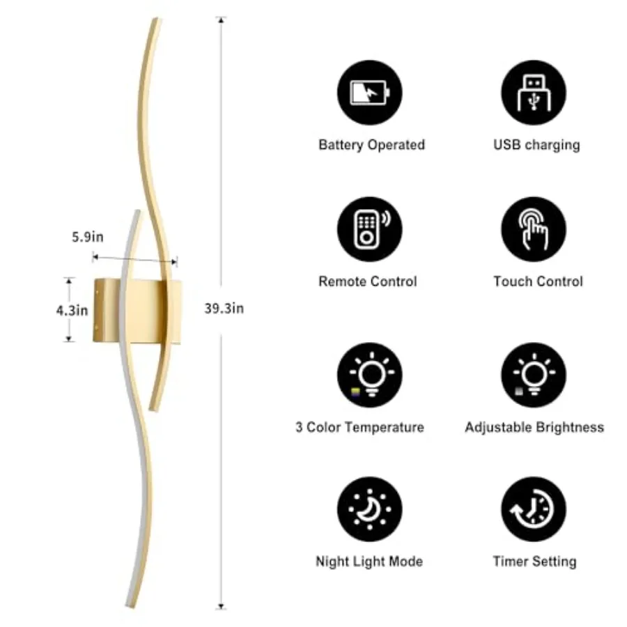Battery Operated Wall Sconces with Remote Control, Dimmable/3 Colors/Night-Light/Timer/Memory, Modern Wireless LED Sconce for L