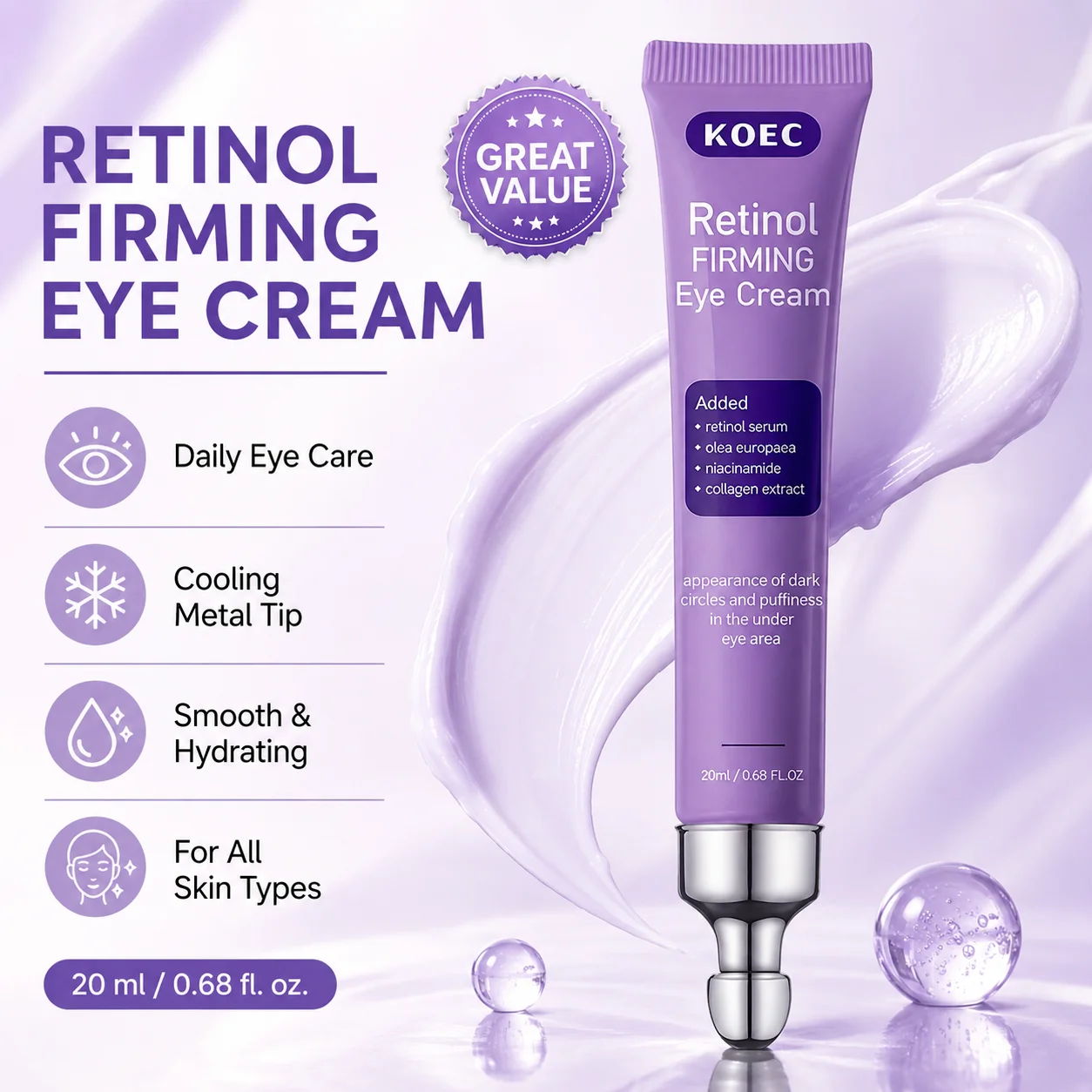 Retinol Eye Firming Cream with Retinol, Collagen & Niacinamide - Anti Aging Eye Cream for Wrinkles, Firming & Brightening - Smooth & Hydrate Under Eye Area, 20ml/0.68 fl.oz