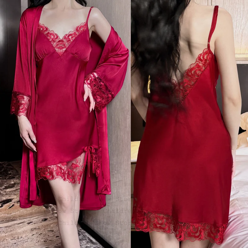 Bride Lace Deep V Neck with Chest Pad Home Clothes Set Sexy Strapless Nightgown Robe Seductive Sleepwear Summer New Lingerie