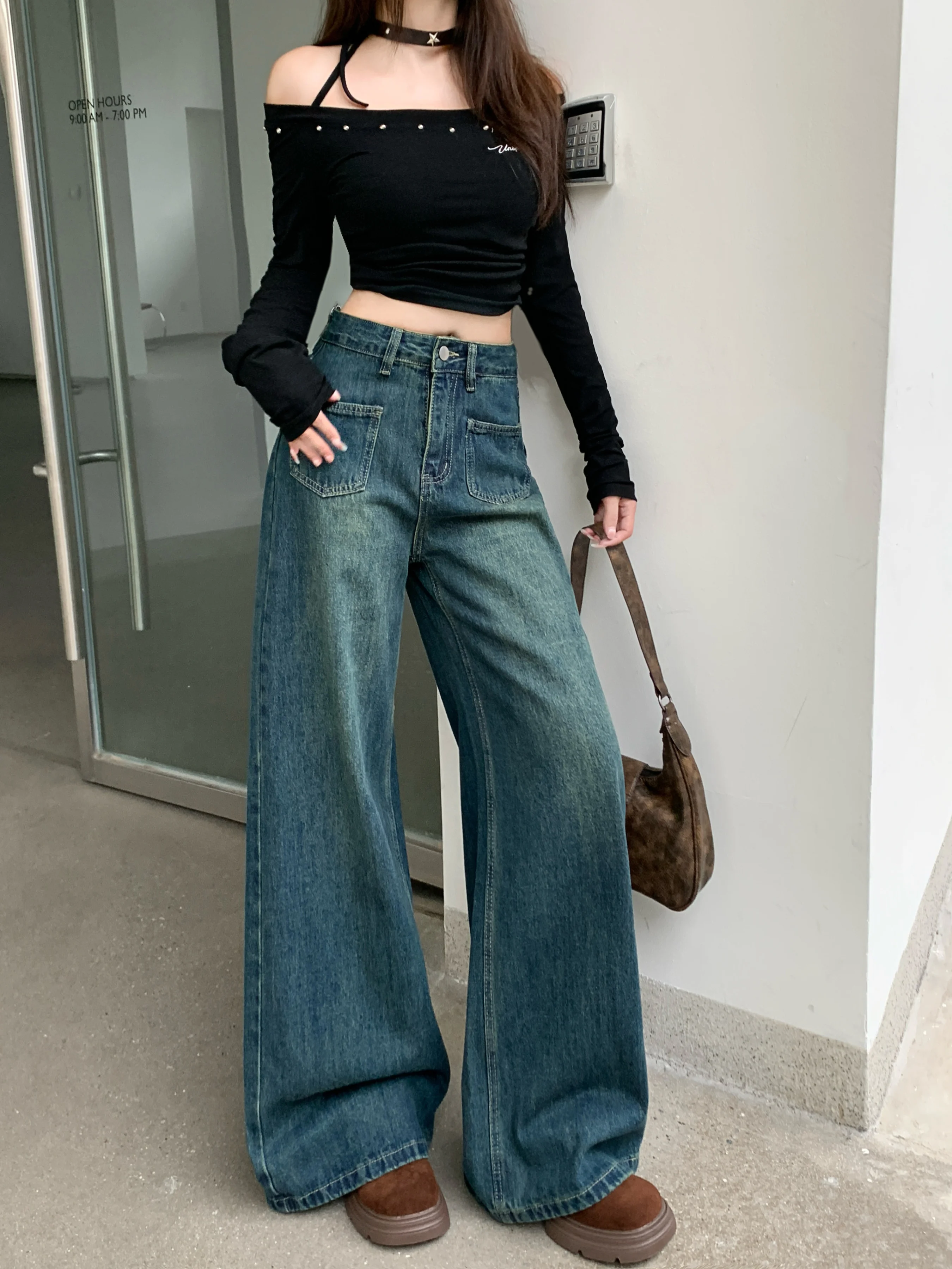 

Women's High Waist Wide Leg Jeans Lady Summer Autumn Vintage Loose Straight Full Length Jeans