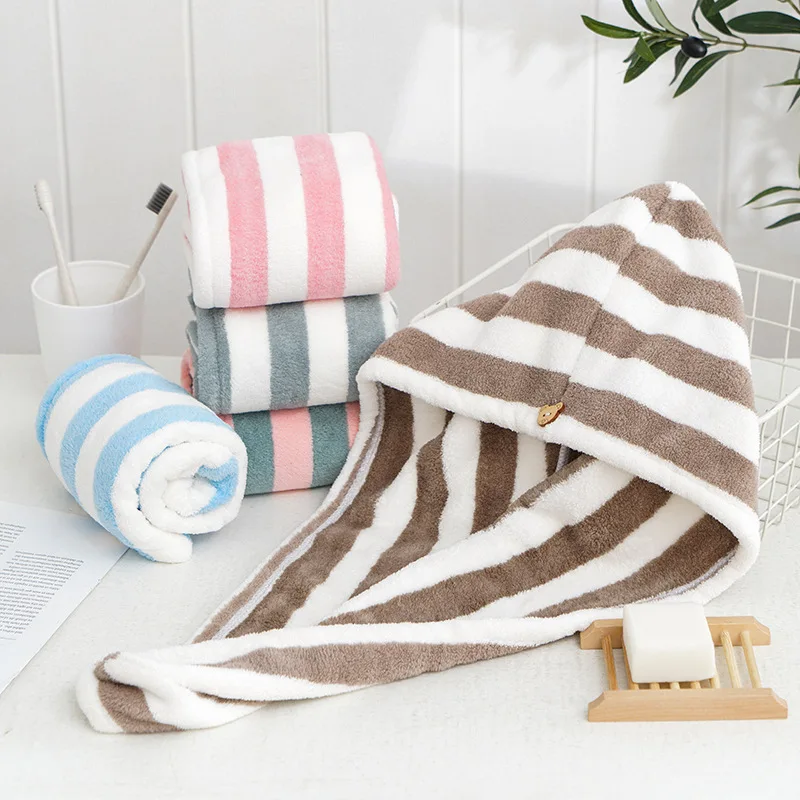 Dry Hair Towel Microfiber Coral Velvet Striped Pattern Hair Cap for Women Turban Water-Absorbent Quick-Drying Striped Shower Cap