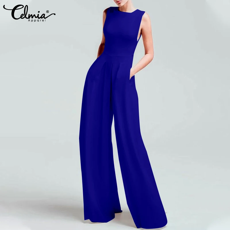 Celmia Elegant Slim Wide Leg Pants Overalls 2023 Fashion Pleated Casual Pockets Long Rompers Women Summer Sleeveless Jumpsuits