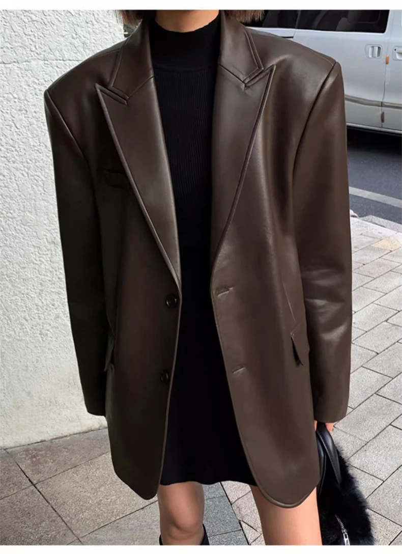 Lautaro Autumn Black Brown Soft  Pu Leather Blazer Women Shoulder Pads Long Sleeve Single Breasted Loose Casual Korean Fashion