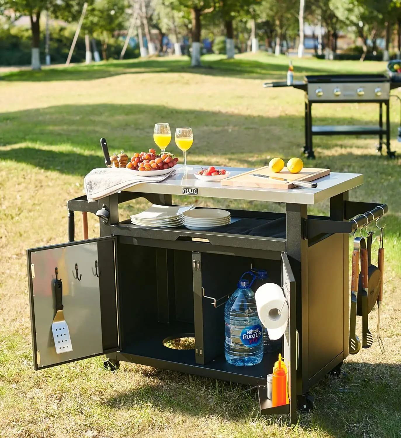 Rolling Outdoor Kitchen Island e BBQ Serving Cart, Heavy Duty tábua de corte de madeira, Propano Tank Hold, 42"