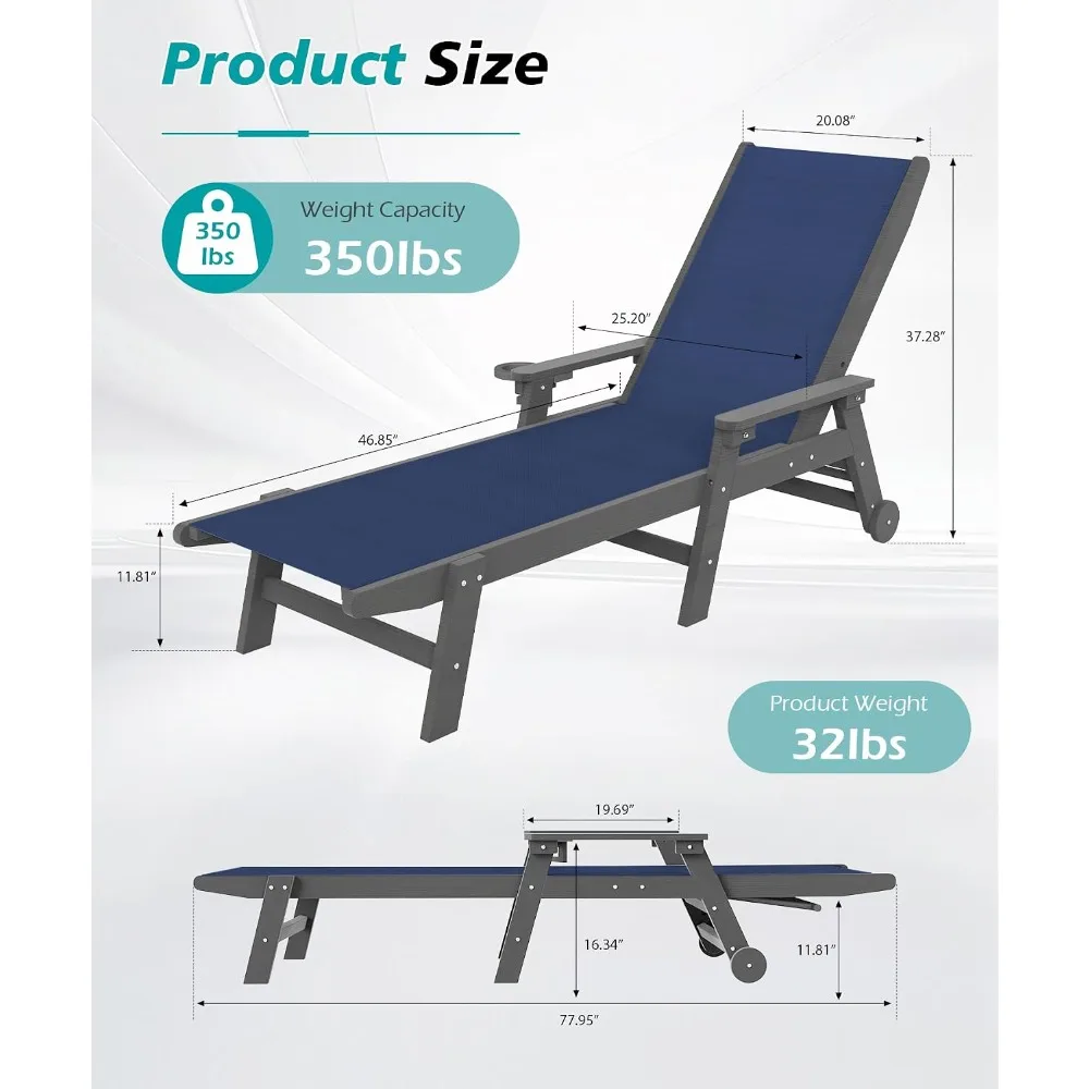 Outdoor Pool Lounge Chairs Set of 2, HDPE Patio Lounge Chair with Wheels, Chaise Lounge Chair for Pool, Customized