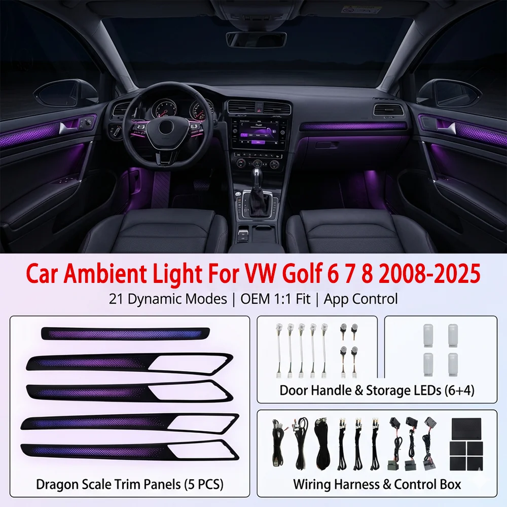 21 in 1 Car Ambient Light For VW Golf 6 7 8 2008-2025 Interior Acrylic RGB 64 Color LED Atmosphere Lamp LHD Symphony App Kit