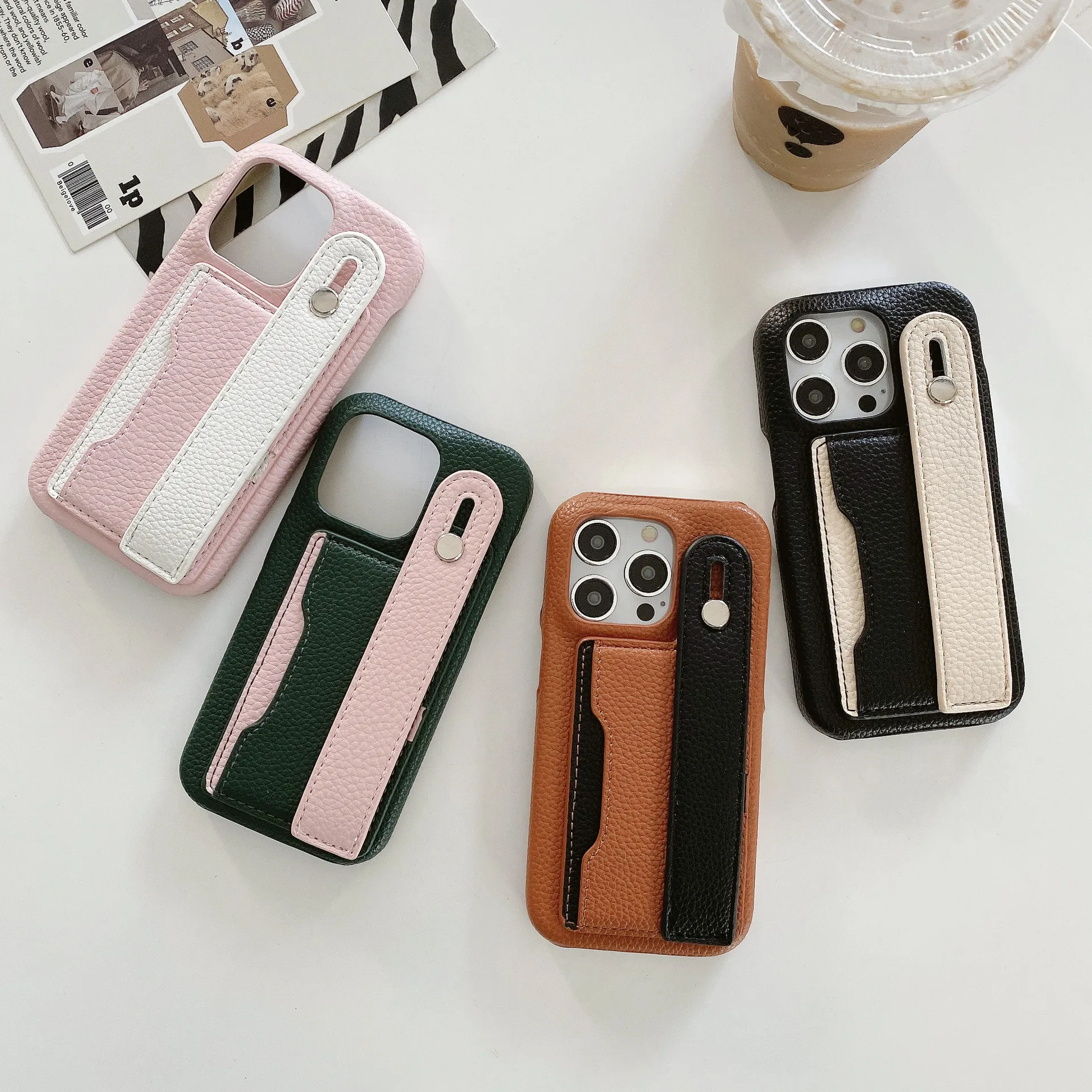 Card holder card hoLeather Phone Case for iPhone16 11 12 13 14 15ProMax 16Plus wristband contrasting design protective cover