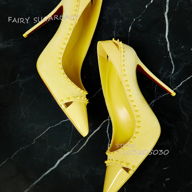 Bright Bright Yellow Rivets Hollow Stiletto Pump Women Glossy Leather Black Sexy Heels 12Cm Pointed Shallow Sandals Elegant Shoe