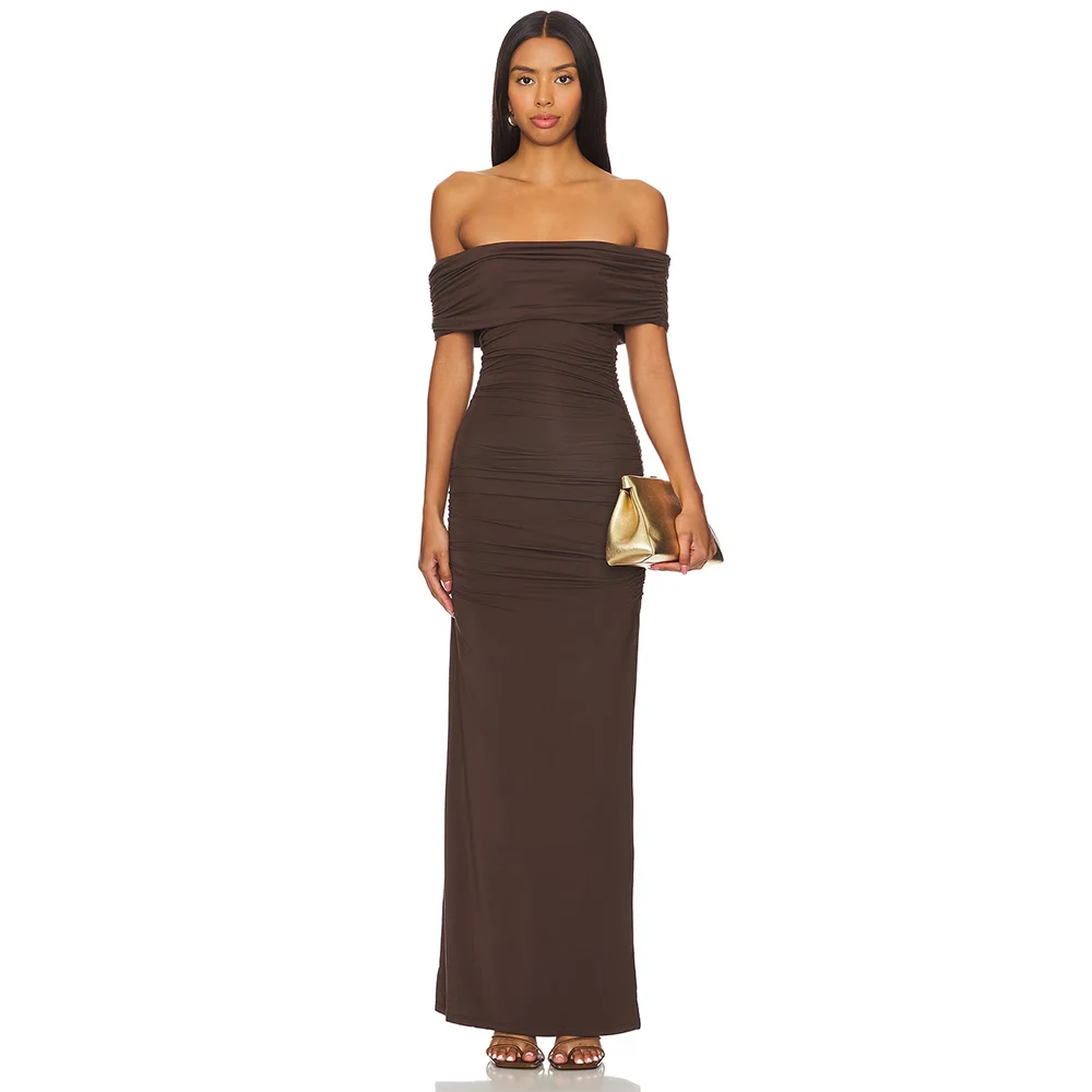 

Temperament Ball Gowns Jersey Sheath/Column Evening Dress Brown Off-the-shoulder Pleat Valentine's Day Dress Maxi 2024